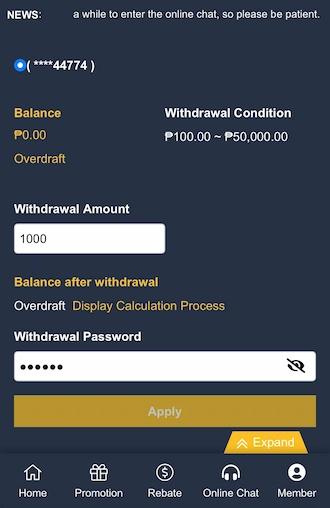 Step 4: Enter the withdrawal amount and withdrawal password